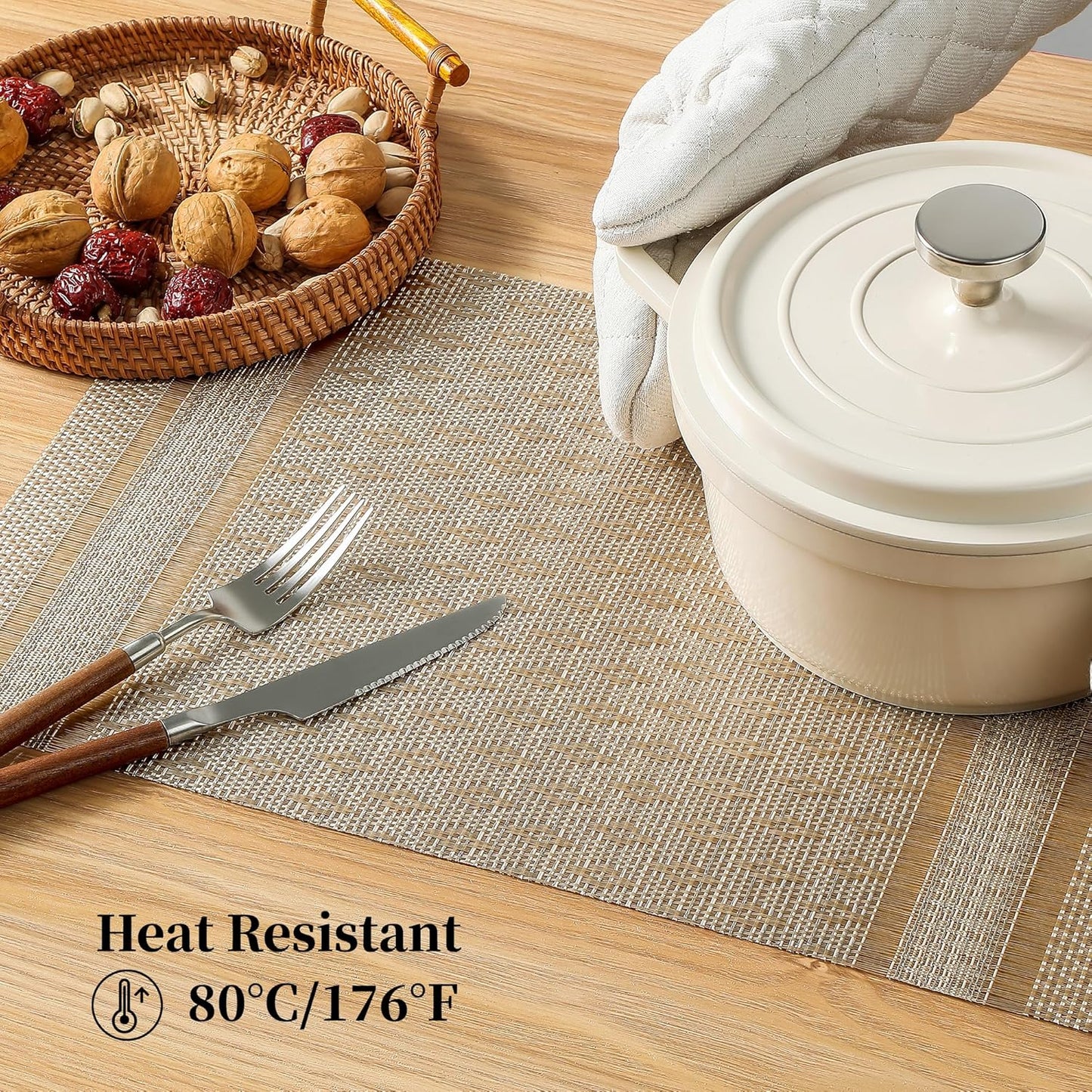 Leetaltree Stardust Yellow Placemats Set of 8 - Heat Resistant Non-Slip Place mats for Dining Table, Washable Durable PVC Vinyl Woven Table Mats（Stardust Yellow, 8）