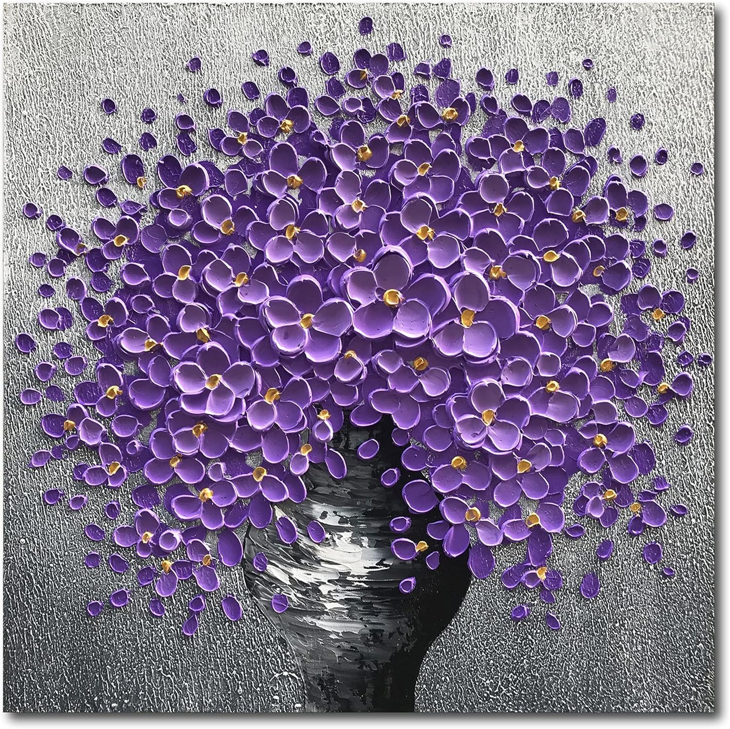 24x24 Hand-Painted Purple Flowers 3D Abstract Decorative Paintings, Wall Decorative Frame Wall Art, Modern Art Living Room Bedroom Office Hotel and Restaurant Wall Art