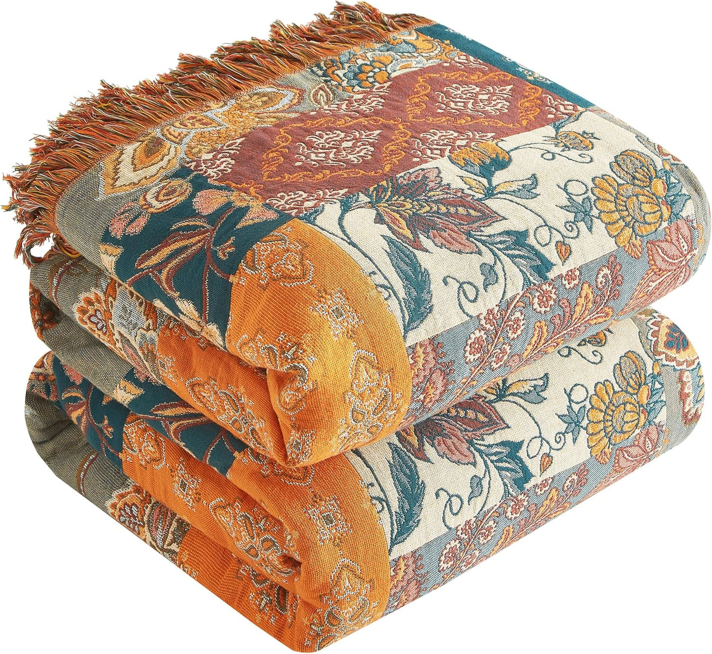 Boho Throw Blanket for Bed 80”x90”, 100% Cotton Woven Blanket for Couch Sofa, Ultra Soft 4-Layer Muslin Quilt with Patchwork Floral Printed, Farmhouse Bed Blanket/Cover for Living Room Decor