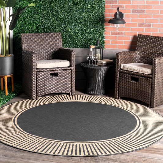 nuLOOM 6'7" Round Outdoor Area Rug, Casual Design With Striped Border, Stain Resistant, Highly Durable, For Patio, Balcony, Bedroom, Living Room, Dining Room, Bathroom, Dark Grey