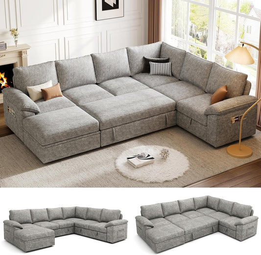 108 Inch Modular Sectional Sofa with Pull Out Bed,U Shaped 7 Seat Sectional Sleeper Sofa with Storage,Sectional Couches for Living Room,Cloud Modular Couch,Removable Sofa Cover,Light Gray
