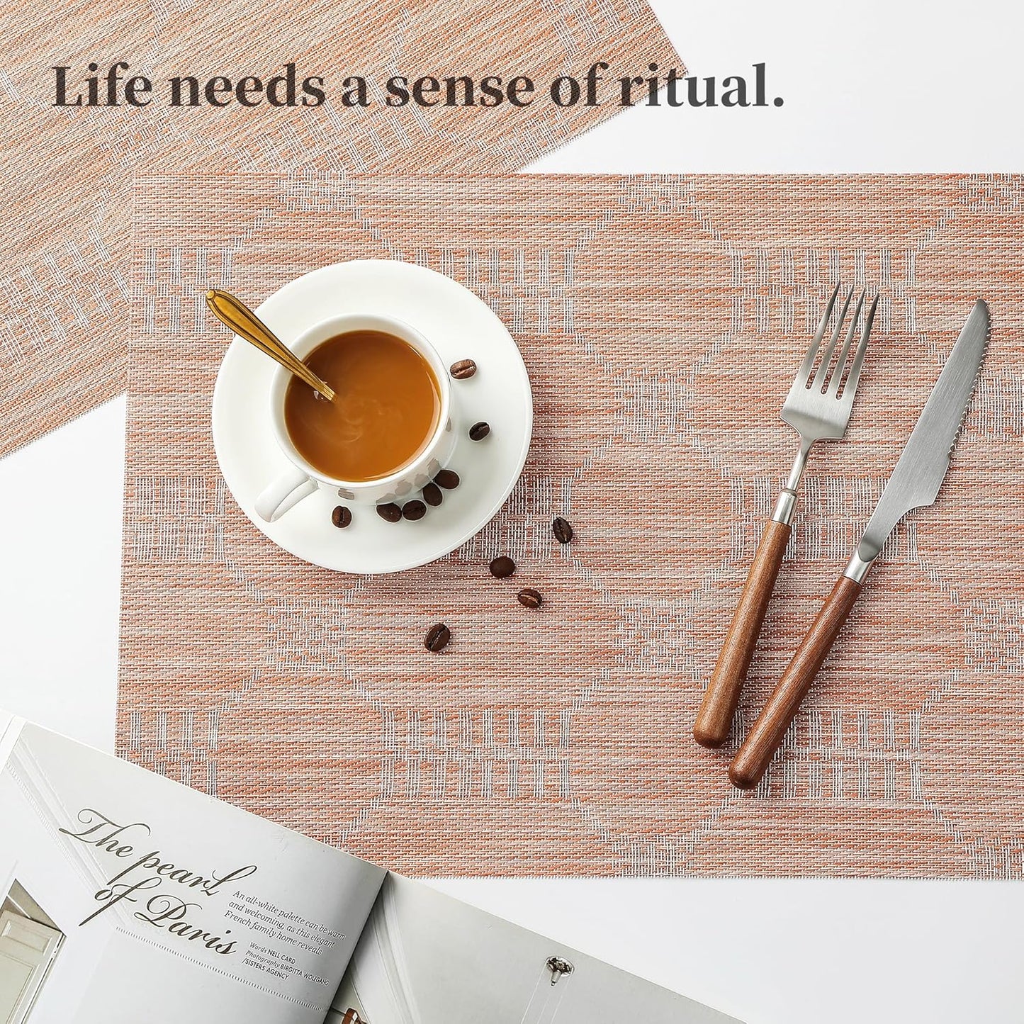 Leetaltree Coral Placemats Set of 8 - Heat Resistant Non-Slip Place mats for Dining Table, Washable Durable PVC Vinyl Woven Table Mats（Coral, 8）