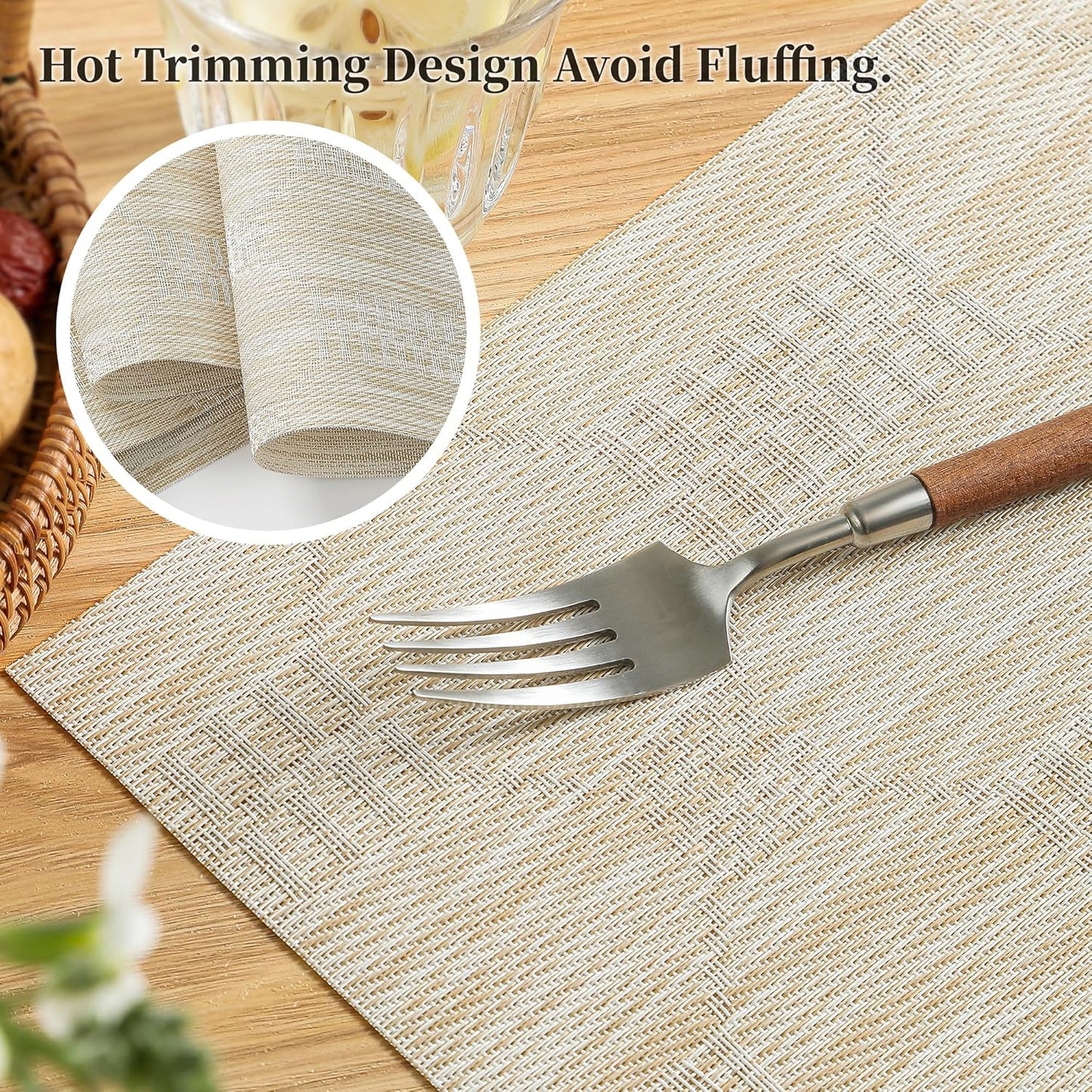 Leetaltree Wheat Placemats Set of 6 - Heat Resistant Non-Slip Place mats for Dining Table, Washable Durable PVC Vinyl Woven Table Mats（Wheat, 6）