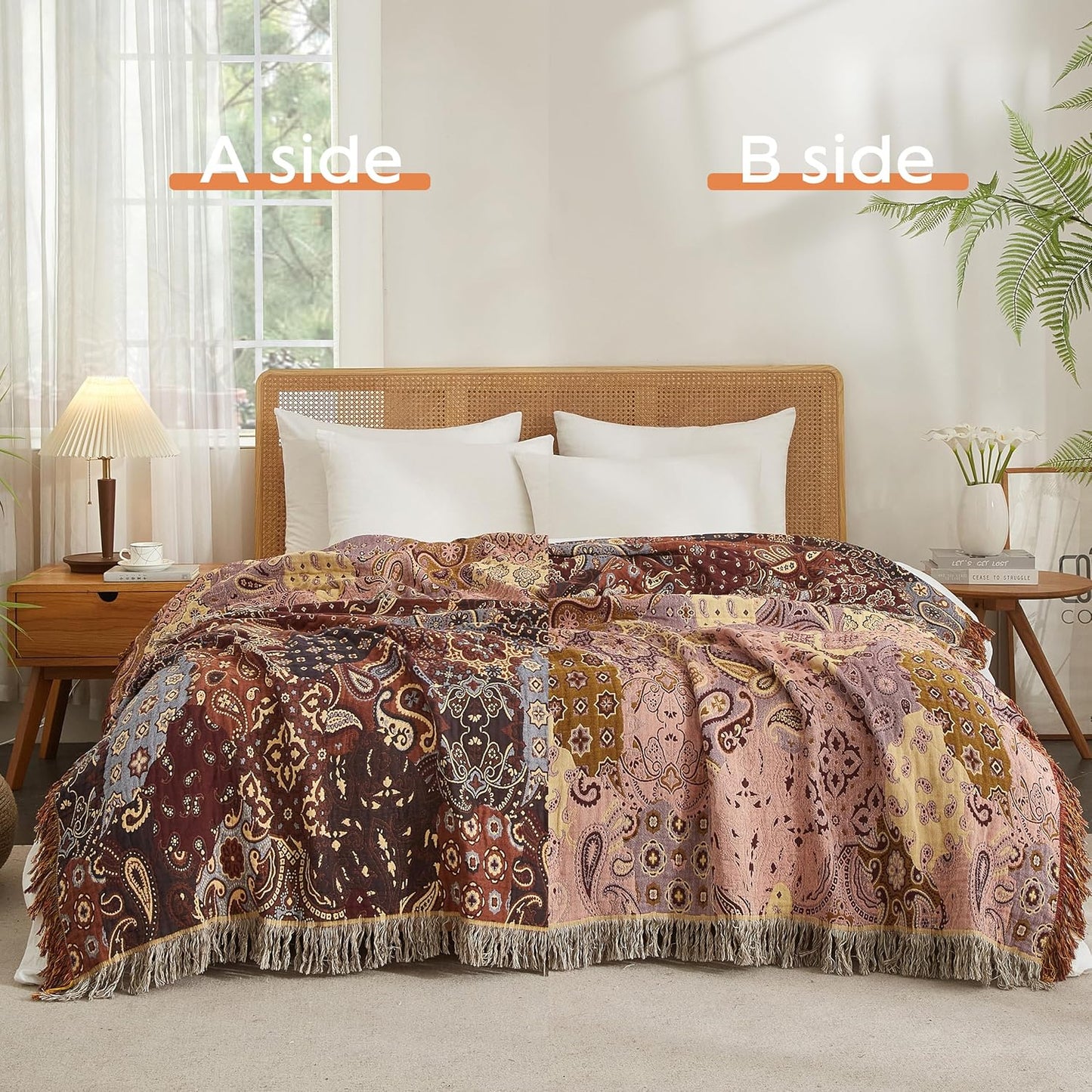 Boho Throw Blanket for Bed 80”x90”, 100% Cotton Woven Blanket for Couch Sofa, Ultra Soft 4-Layer Muslin Quilt with Patchwork Floral Printed, Farmhouse Bed Blanket/Cover for Living Room Decor