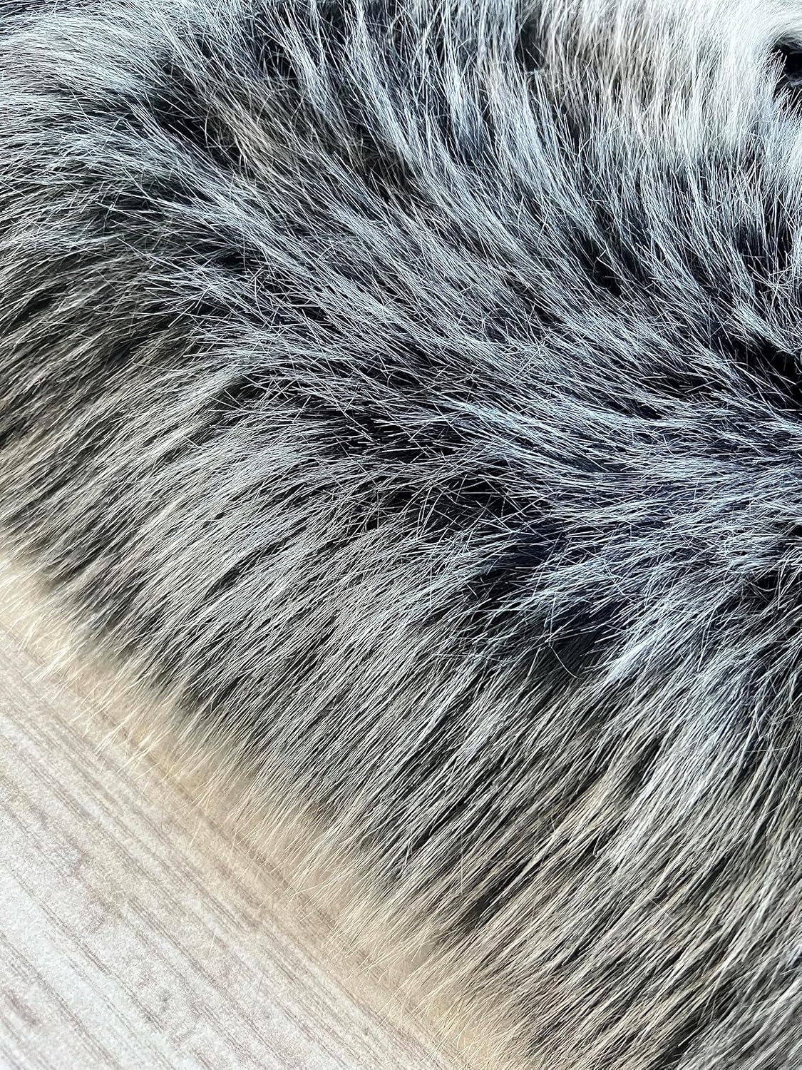 LAMBZY Faux Sheepskin Super Soft Hypoallergenic Free Shape Silky Shag Rug, Luxury Shaggy Plush Carpet for Bedroom Living Kids Room Sofa Rugs (Black with White Tips, Triple Side by Side 3'x6')