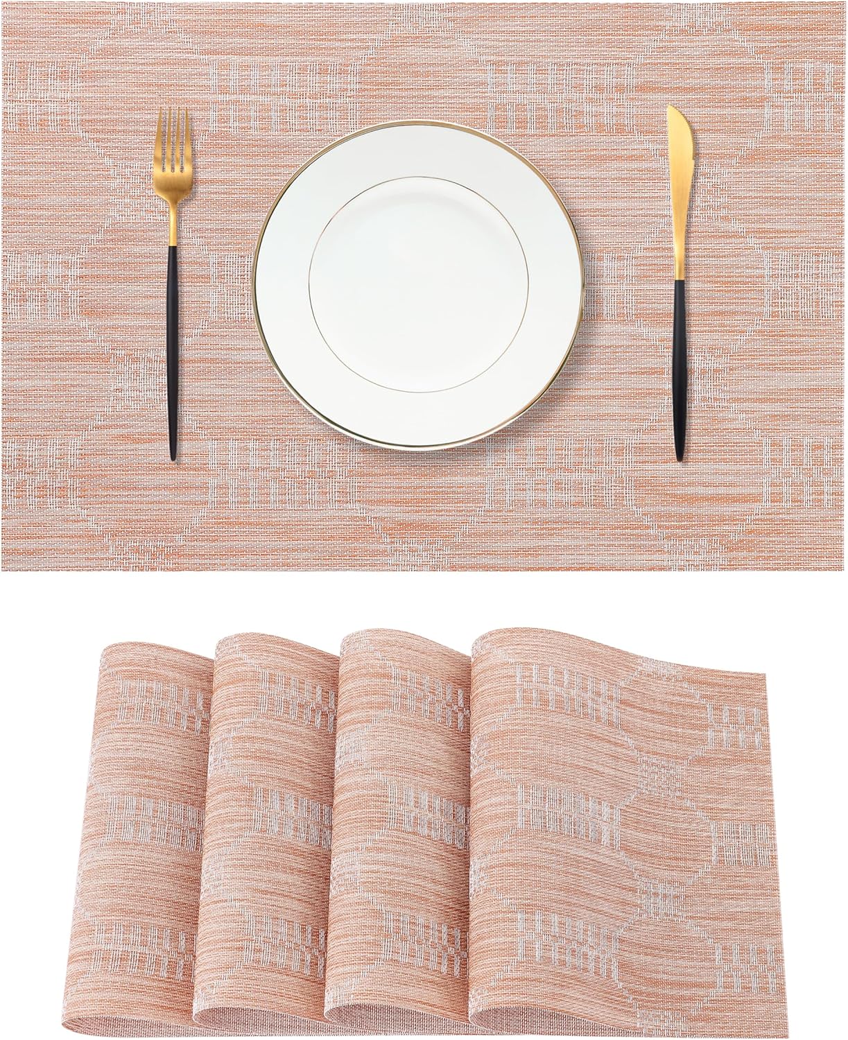 Leetaltree Coral Placemats Set of 4 - Heat Resistant Non-Slip Place mats for Dining Table, Washable Durable PVC Vinyl Woven Table Mats（Coral, 4）