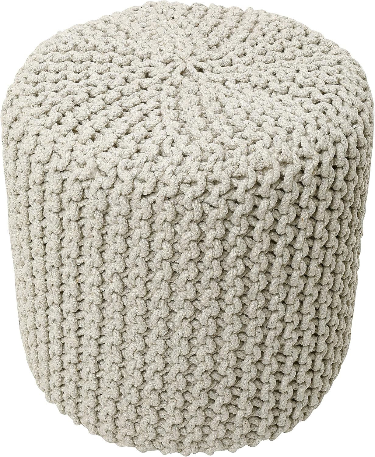 REDEARTH Cylindrical Hand Knitted Pouf - Foot Stool Ottoman - Cord Boho Pouffe - Cotton Round Poof for Home Decor - Living Room - Nursery - Bedroom - Patio (16" x 16" x 16") - Ivory