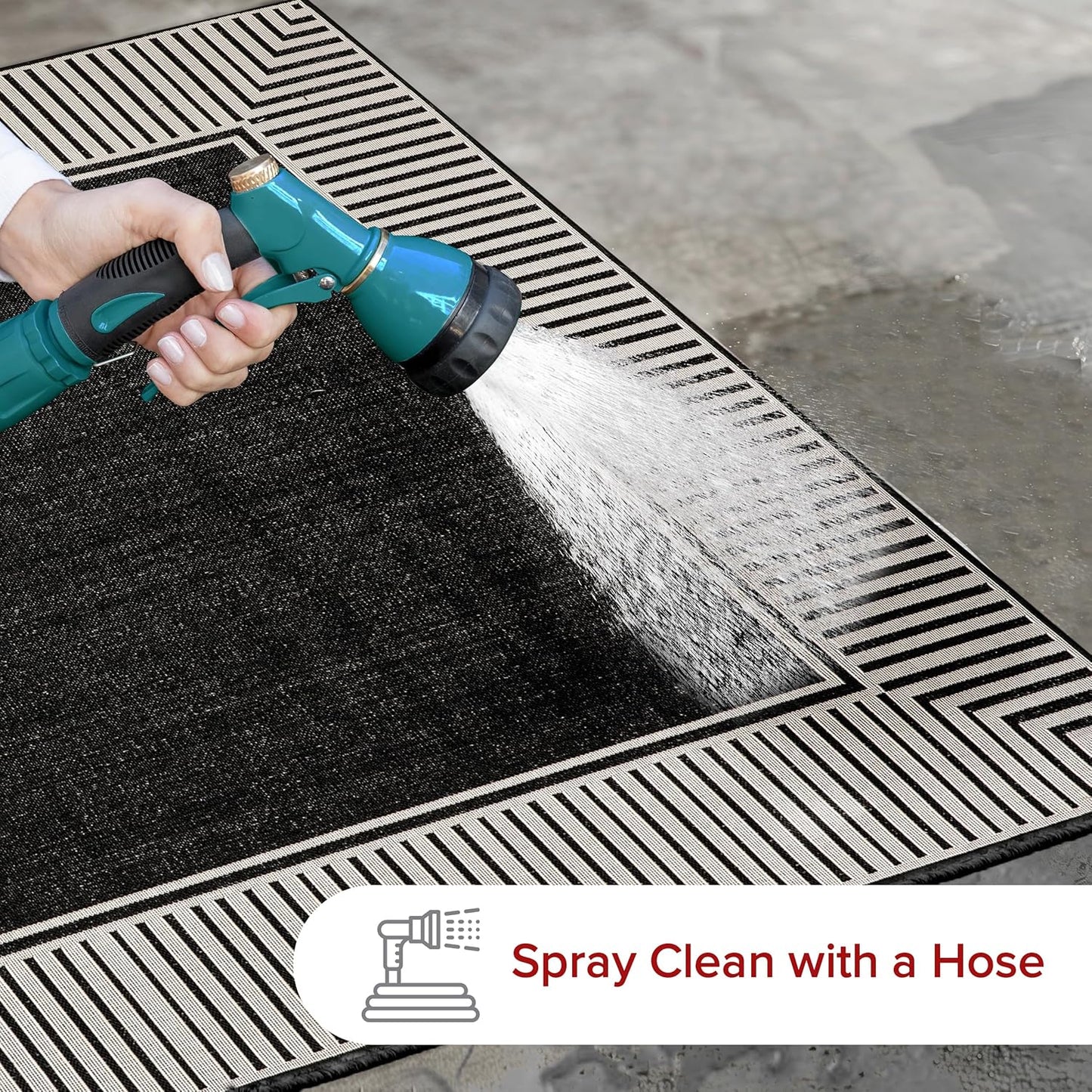 nuLOOM 4' x 6' Outdoor Area Rug, Casual Design With Striped Border, Stain Resistant, Highly Durable, For Patio, Balcony, Bedroom, Living Room, Dining Room, Bathroom, Black