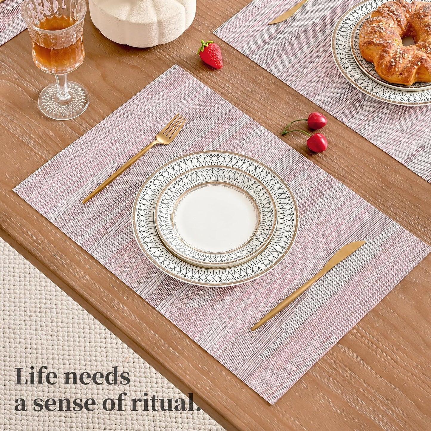 Leetaltree Misty Rose Placemats Set of 4 - Heat Resistant Non-Slip Place mats for Dining Table, Washable Durable PVC Vinyl Woven Table Mats（Misty Rose, 4）