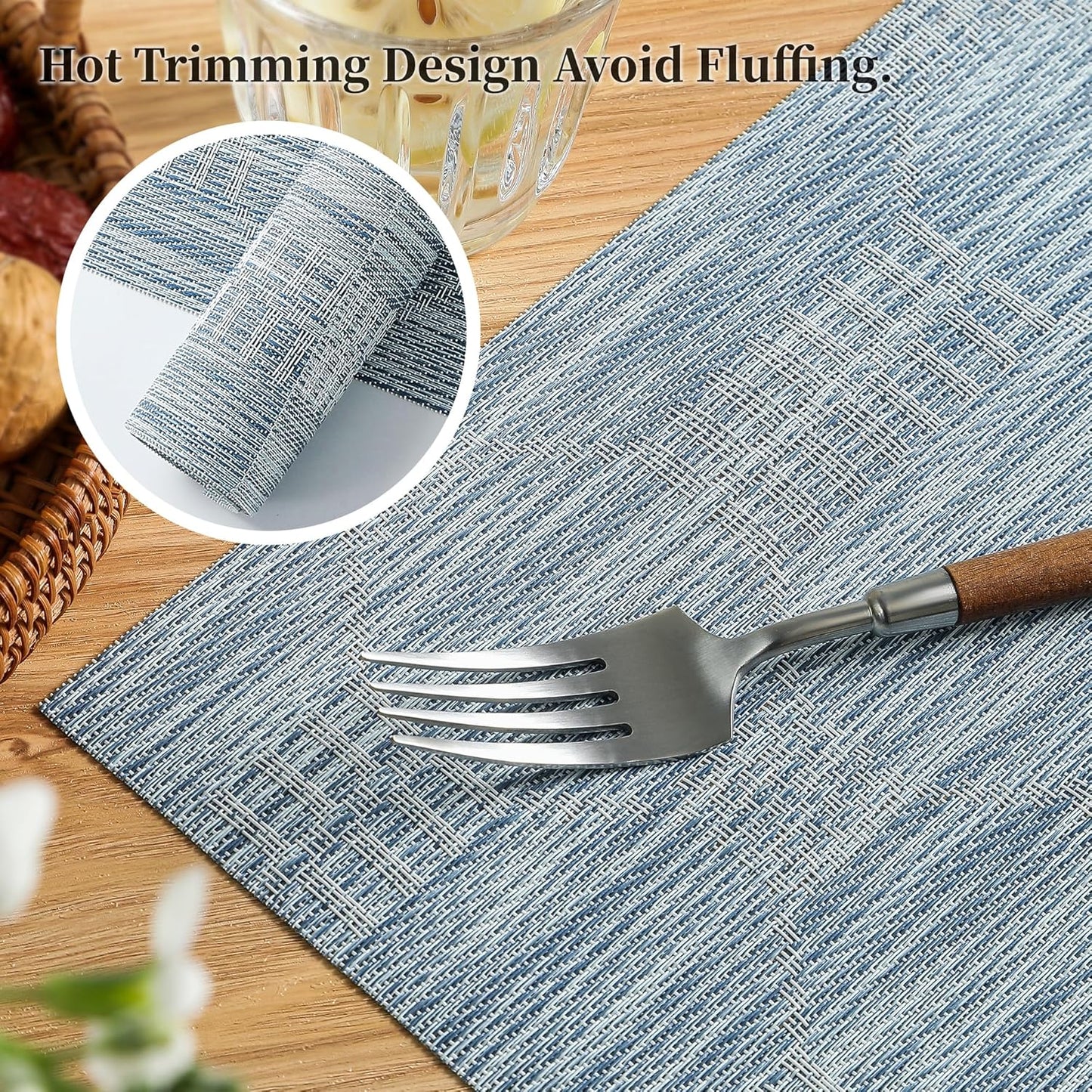 Leetaltree Jacquard Blue Placemats Set of 4 - Heat Resistant Non-Slip Place mats for Dining Table, Washable Durable PVC Vinyl Woven Table Mats (Jacquard Blue, 4)