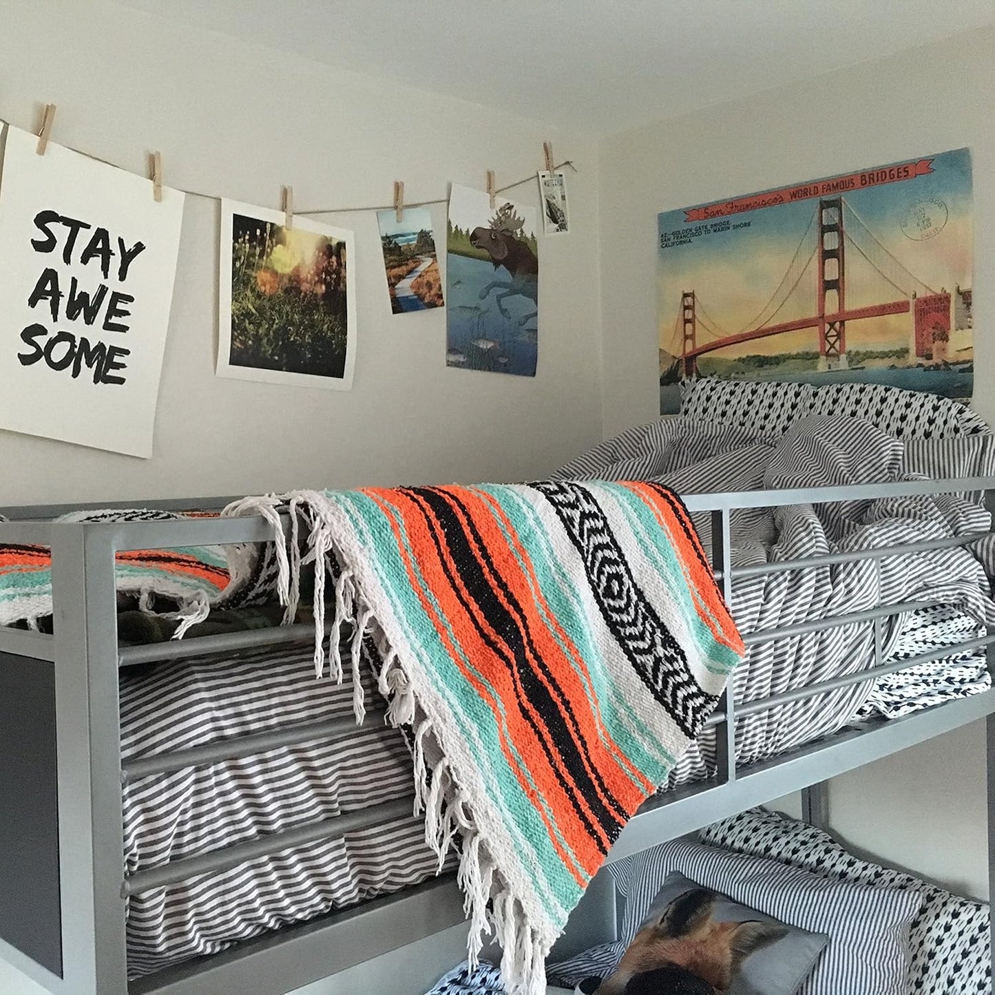 Del Mex Classic Mexican Blanket, Large Authentic Woven Falsa Throw (70"x50"), Artisan Southwest Décor for Beach, Yoga, Outdoors (Mint/Orange)