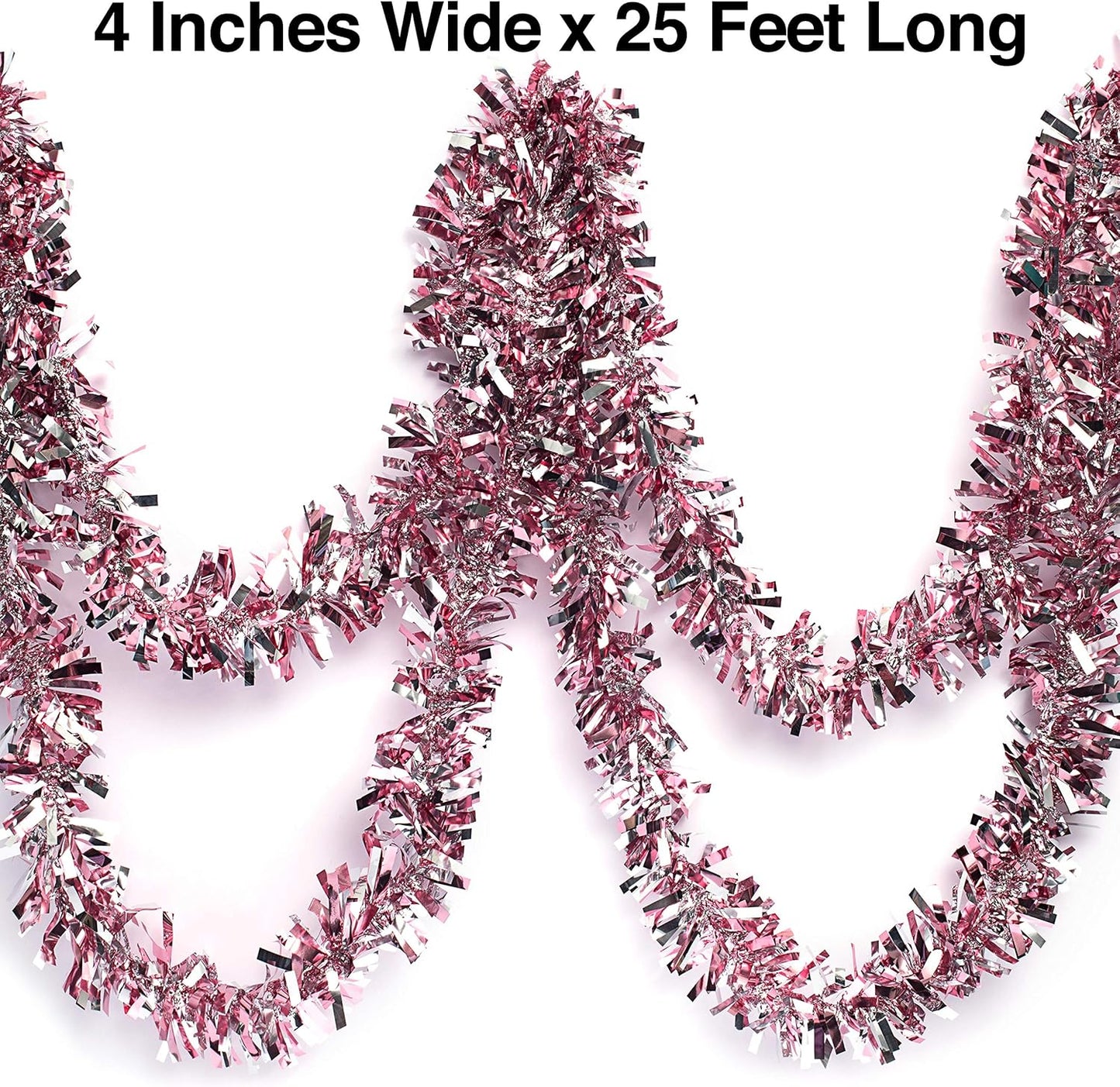 Anderson's Light Pink & Silver Sparkle Glitter Metallic Tinsel Twist for Trailer Or Golf Cart, 4 inches Wide x 25 ft Long, Christmas, Patriotic and Holiday Garland Decor for Parties and Parades