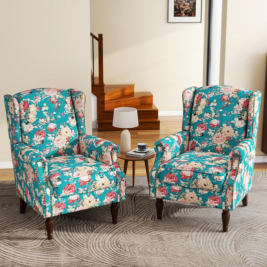 UIXE High Back Floral Accent Chairs Set of 2, Upholstered Armchair in Fabric, Retro Printed Wingback Arm Chair for Living Room, Nailhead Trim Single Sofa Bedroom Reading Seat - Peacock Blue