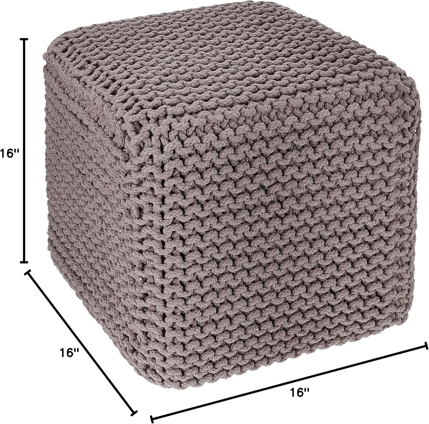 REDEARTH Cube Hand Knitted Pouf - Foot Stool Ottoman - Cord Boho Pouffe - Poof Accent Stuffed Table or Footrest for Living Room - Nursery - Bedroom - Patio - 100% Cotton (16" x 16" x 16") - Taupe