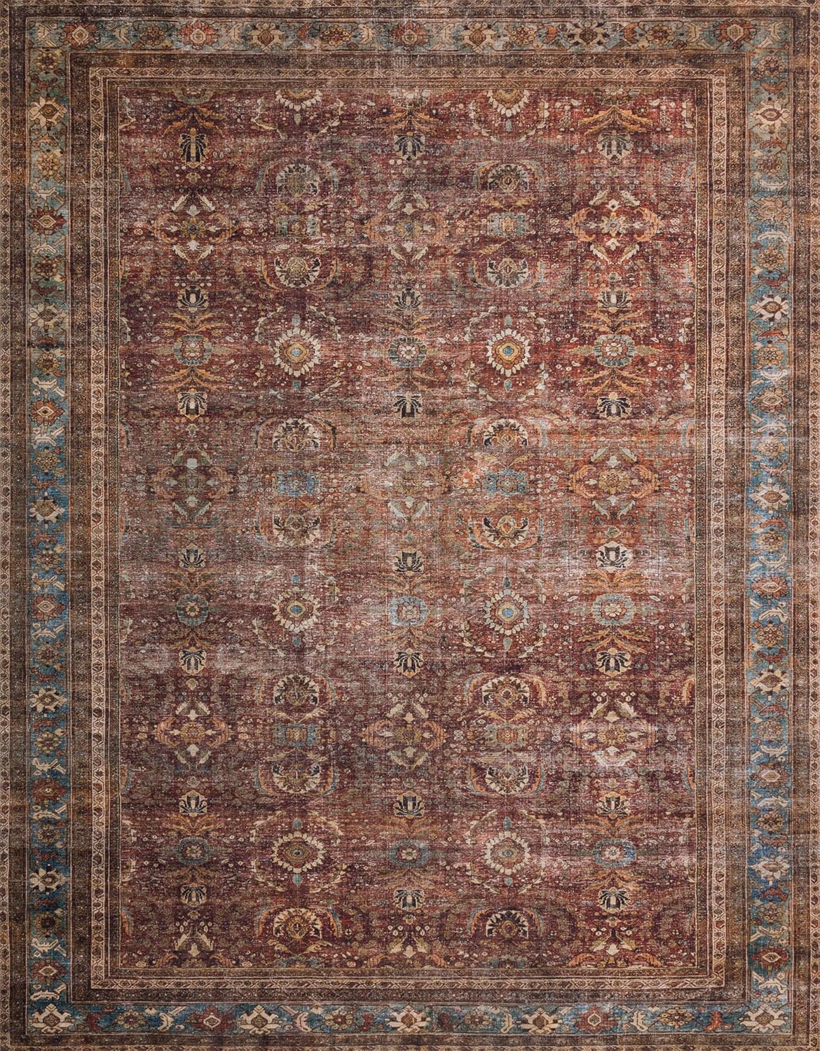 Loloi Layla Collection LAY-01 Brick/Blue 2'-6" x 12'-0" .13" Thick Runner Rug, Soft, Durable, Vintage Inspired, Distressed, Low Pile, Non-Shedding, Easy Clean, Printed, Living Room Rug