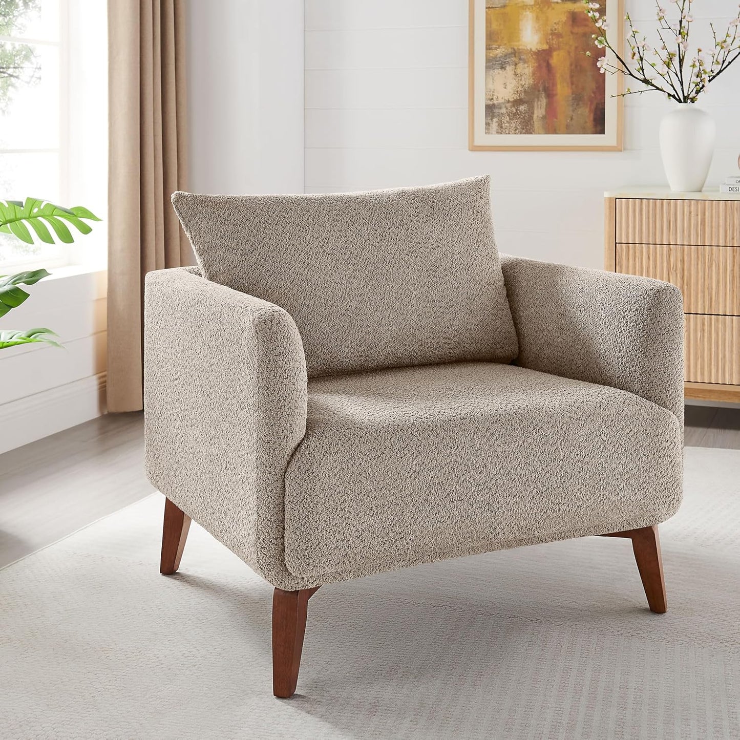 Oversized Accent Chair Modern Boucle Armchair for Living Room- 37" Wide Accent Chair with Solid Wood Legs, Camel Upholstered Lounge Chair for Bedroom & Office, Cozy Reading Chair (Easy Assembly)