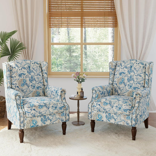 Lumibee Wingback Accent Chair, 2 Set High Back Floral Armchairs in Fabric,Comfy Upholstered Reading Single Sofa Chairs with Solid Wood Legs for Living Room,Bedroom,Office-Boho Blue