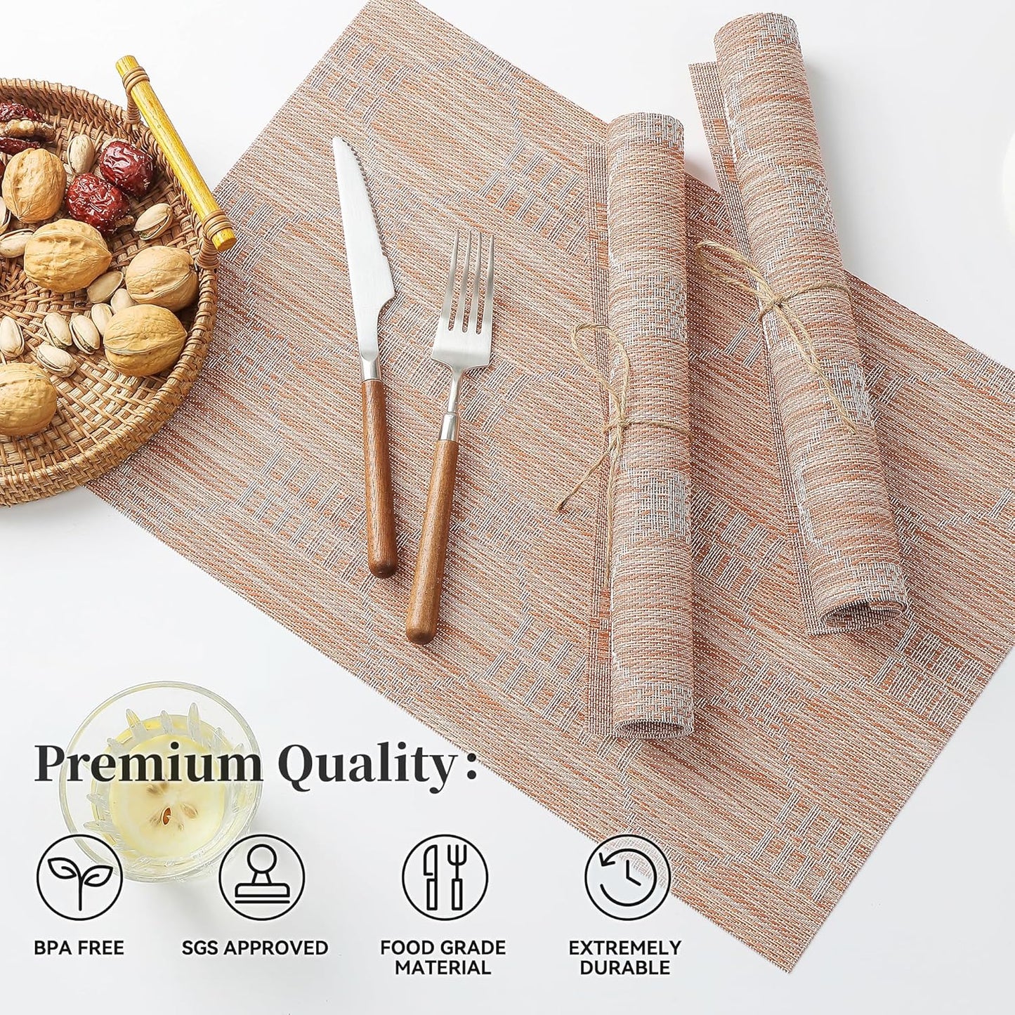 Leetaltree Coral Placemats Set of 8 - Heat Resistant Non-Slip Place mats for Dining Table, Washable Durable PVC Vinyl Woven Table Mats（Coral, 8）