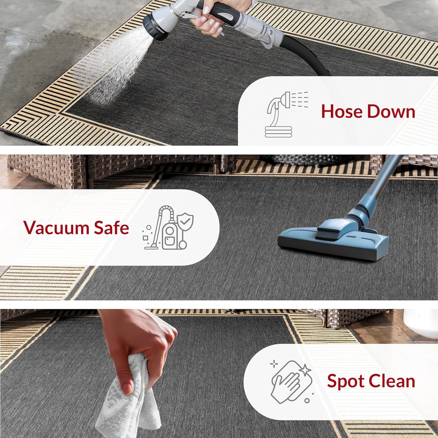 nuLOOM 3'6" x 5' Outdoor Area Rug, Casual Design With Striped Border, Stain Resistant, Highly Durable, For Patio, Balcony, Bedroom, Living Room, Dining Room, Bathroom, Dark Grey