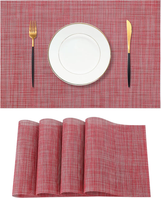 Leetaltree Red Placemats Set of 4 - Heat Resistant Non-Slip Place mats for Dining Table, Washable Durable PVC Vinyl Woven Table Mats（Red, 4）