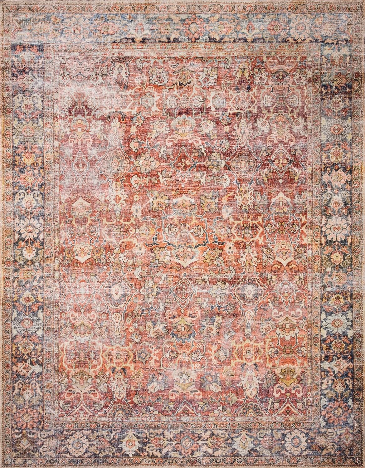 Loloi Layla Collection LAY-02 Spice/Marine 7'-6" x 9'-6" .13" Thick Area Rug, Soft, Durable, Vintage Inspired, Distressed, Low Pile, Non-Shedding, Easy Clean, Printed, Living Room Rug