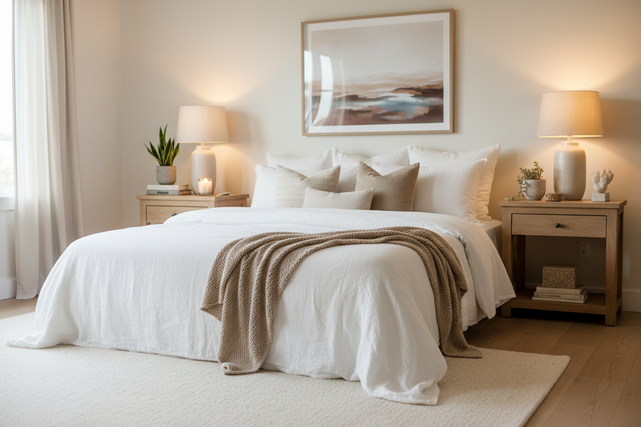 Bedding, lamps, and décor pieces that create a relaxing sanctuary. (make it real photo)