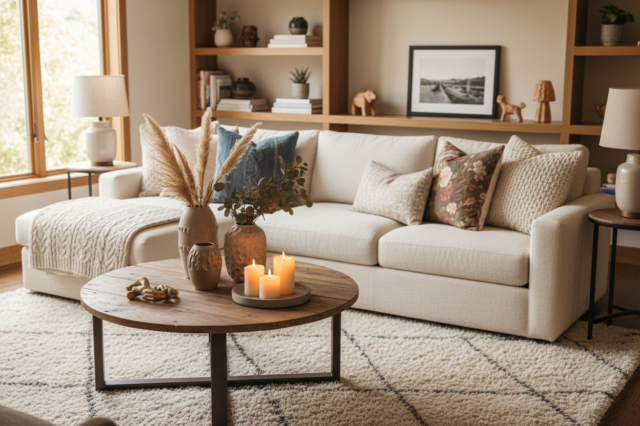 Throw pillows, rugs, and decorative pieces to make your living area cozy and stylish. (make it real photo)